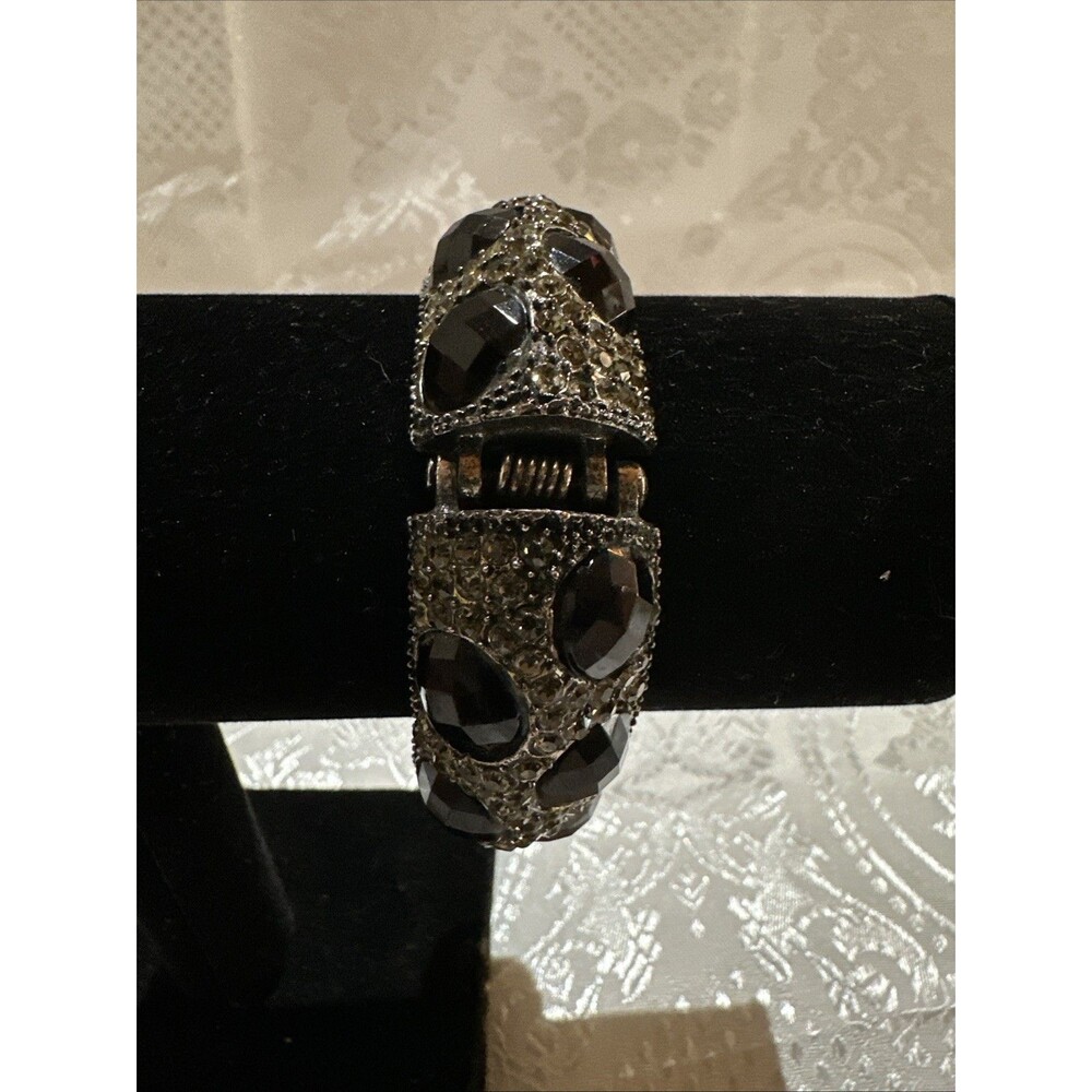 Silver Tone Black Clear Faceted Rhinestones Cuff Bracelet Handcrafted Artisan - Picture 4 of 15